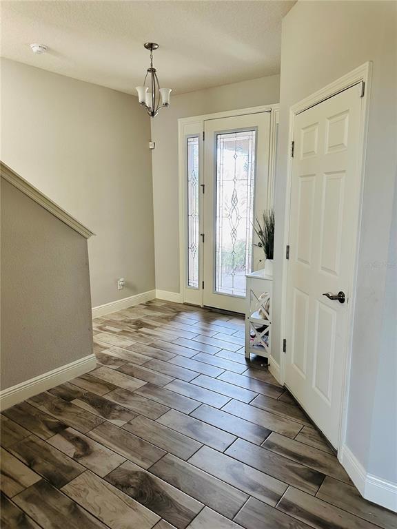 A foyer features wood-look tile flooring, a white front door with glass panels, and a chandelier — 12990 BURNS DRIVE, ODESSA, FL