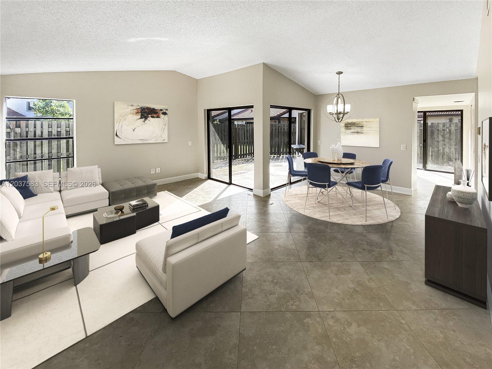 This is a digital rendering of an open-concept living and dining area with tile floors — 14980 SW 48th Ter # 28F, Miami FL 33185, MIAMI, FL