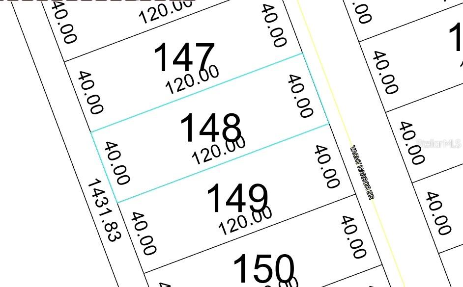This is a plat map showing the dimensions and layout of lots 147, 148, and 149 — 282 YACHT HARBOR DRIVE, PALM COAST, FL