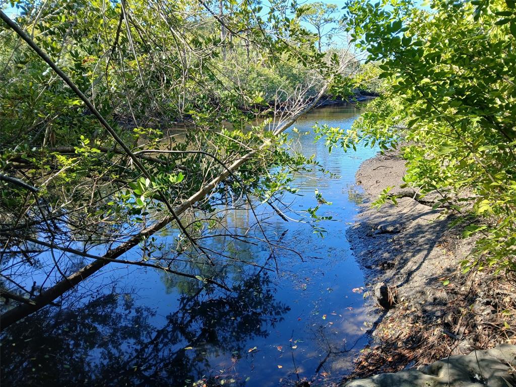 A narrow, calm waterway flows through a dense, shaded mangrove forest with muddy banks — 13493 MARKHAM AVENUE, PORT CHARLOTTE, FL