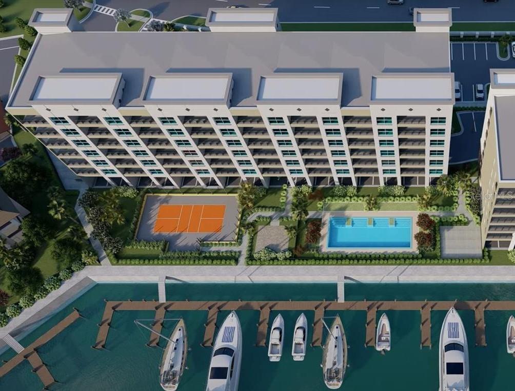 This architectural rendering shows a multi-story apartment building with a pool, tennis court, and marina — 5015 US HIGHWAY 19 UNIT 405, NEW PORT RICHEY, FL