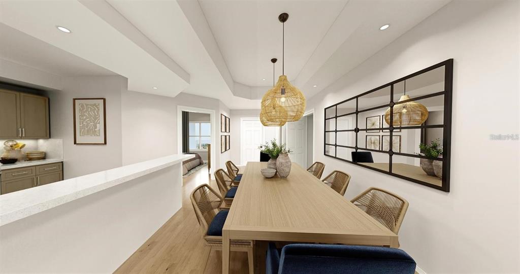This is a digital rendering of a dining room featuring a long table and mirror — 5015 US HIGHWAY 19 UNIT 405, NEW PORT RICHEY, FL