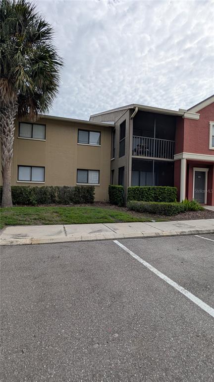 A two-story apartment building exterior features tan siding, a screened balcony, and a palm tree — 5717 BAYWATER DRIVE, TAMPA, FL