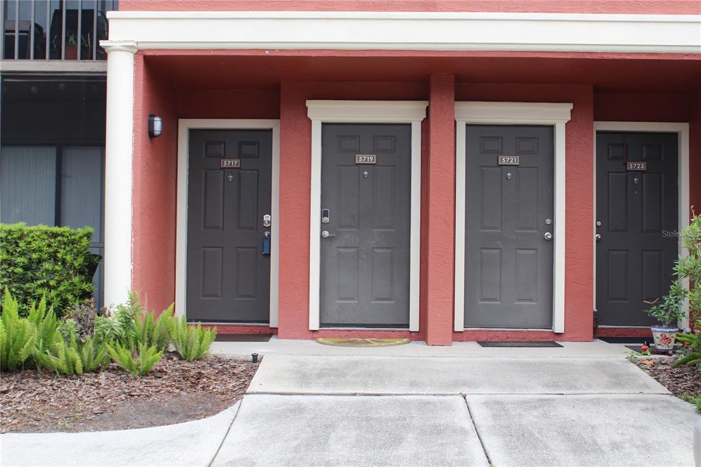Four dark gray front doors with house numbers are set into a red exterior wall — 5717 BAYWATER DRIVE, TAMPA, FL