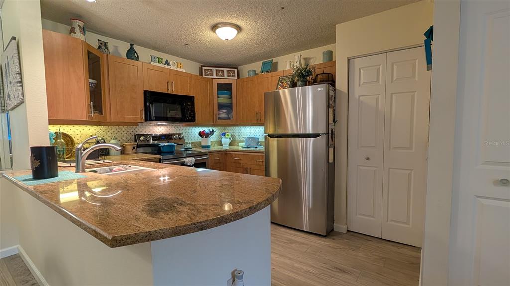 A kitchen features wood cabinets, granite countertops, stainless steel appliances, and light wood-look flooring — 5717 BAYWATER DRIVE, TAMPA, FL
