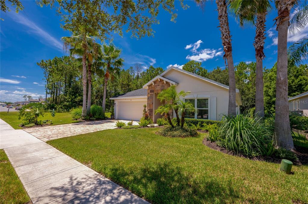 A single-story house with a stone-accented entrance, a paved driveway, and palm trees — 312 BIRKDALE DRIVE, DAYTONA BEACH, FL
