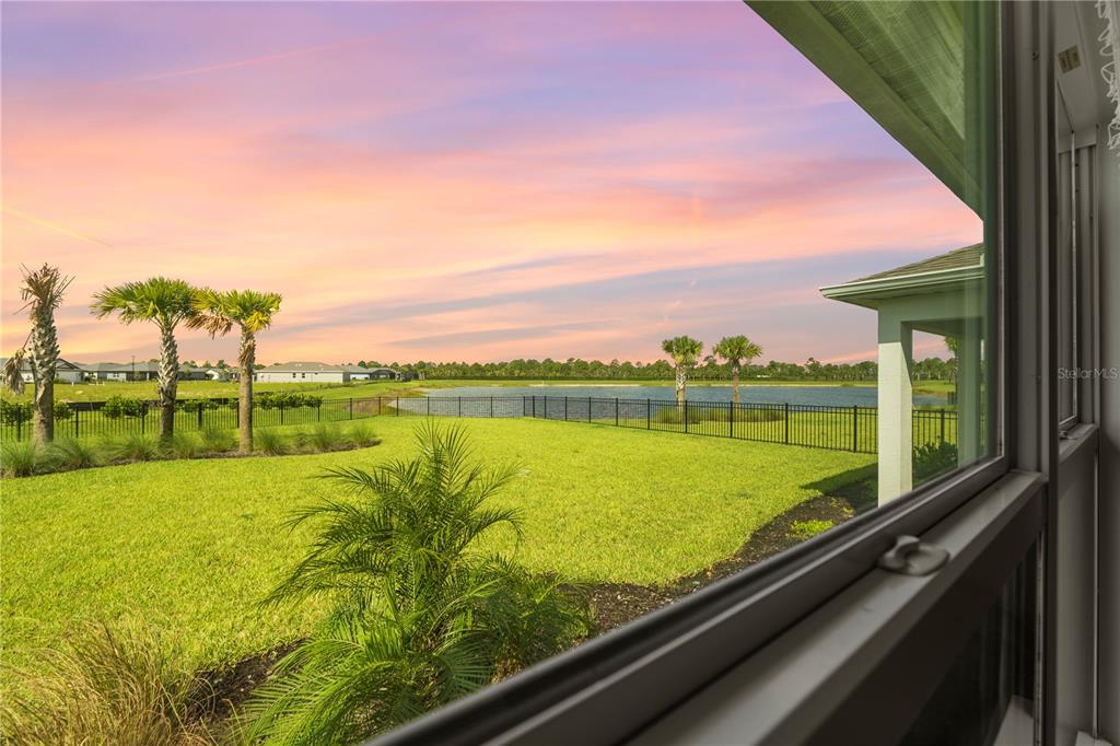 A view from a window looking out over a grassy backyard, palm trees, and a lake — 44363 KELLY DRIVE, PUNTA GORDA, FL