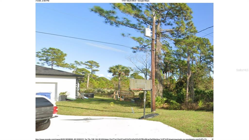 A basketball hoop stands on a concrete driveway next to a utility pole and trees — 1705 TATUM BOULEVARD, NEW SMYRNA BEACH, FL