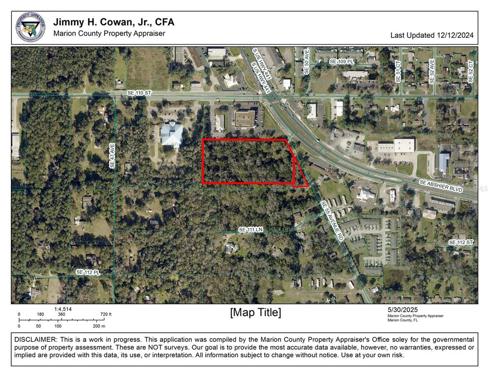 This is a property map showing a rectangular parcel of land outlined in red — 11090 SE 55TH AVENUE ROAD, BELLEVIEW, FL