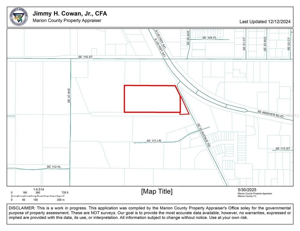 This is a property tax map showing a parcel outlined in red near a highway — 11090 SE 55TH AVENUE ROAD, BELLEVIEW, FL