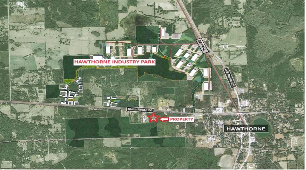 This aerial map shows the Hawthorne Industry Park, nearby roads, and a highlighted property location — 20065 SE HAWTHORNE ROAD, HAWTHORNE, FL