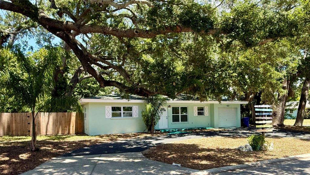 A light green single-story house sits under a large oak tree with a paved driveway — 677 OAKWOOD DRIVE, DUNEDIN, FL