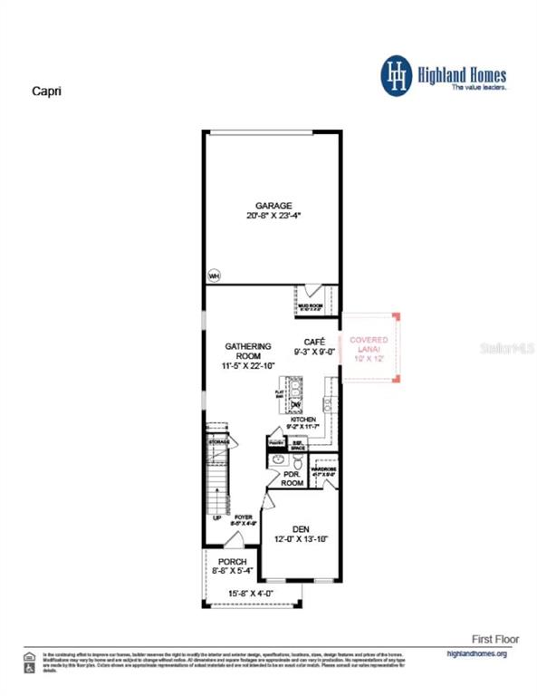 This is a floor plan for the first level of a Highland Homes Capri model — 4048 WAVING HICKORY BOULEVARD, ST CLOUD, FL