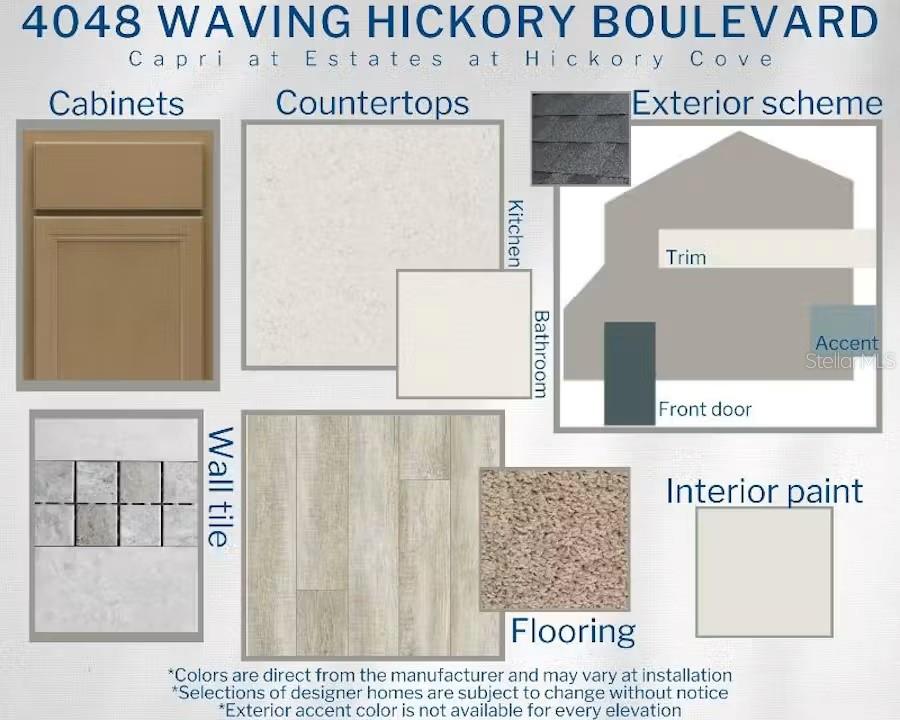 This design board displays material and color selections for a home's interior and exterior finishes — 4048 WAVING HICKORY BOULEVARD, ST CLOUD, FL