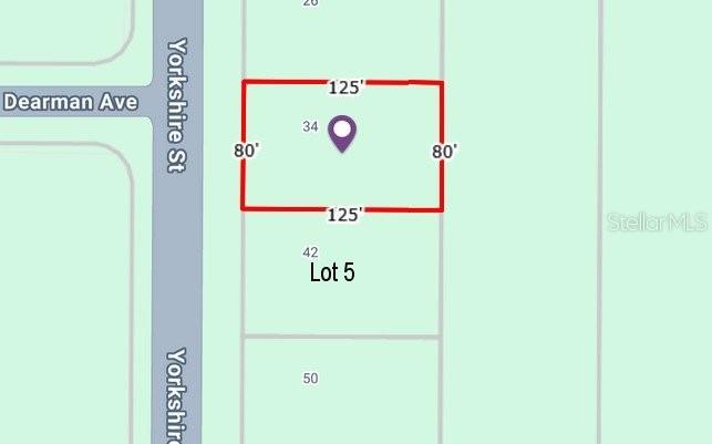 This is a map showing a rectangular property lot with dimensions of 125 feet by 80 feet — 34 YORKSHIRE STREET, PORT CHARLOTTE, FL
