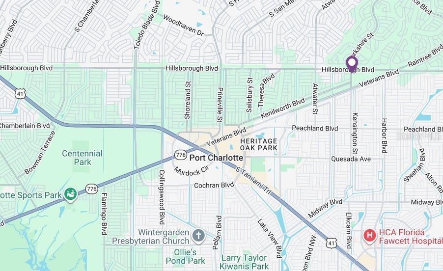 This is a map showing the location of a property in Port Charlotte, Florida — 34 YORKSHIRE STREET, PORT CHARLOTTE, FL