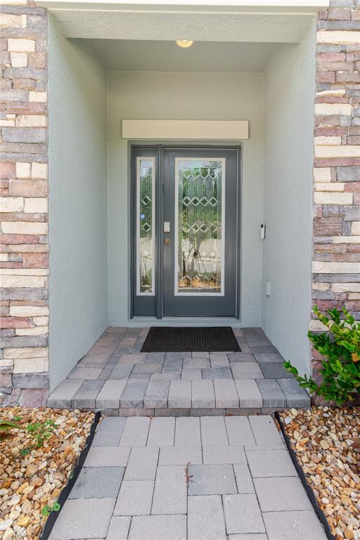 A front entryway features a gray door with glass panels, stone siding, and a paver walkway — 17871 CORTES CREEK BOULEVARD, SPRING HILL, FL