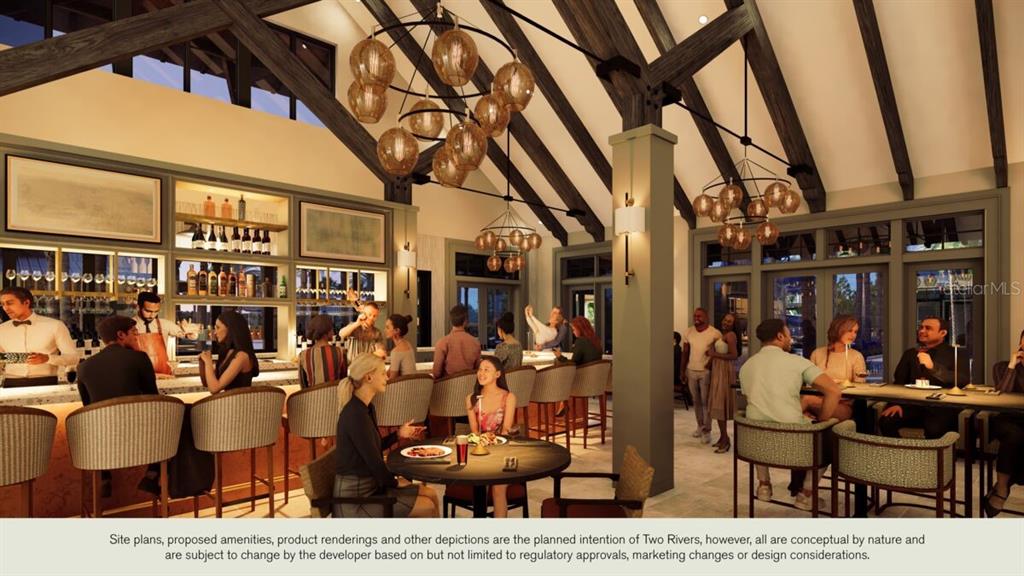 This rendering shows a rustic-style bar and lounge area with vaulted ceilings and pendant lighting — 34706 LEGACY ACRES DRIVE, ZEPHYRHILLS, FL