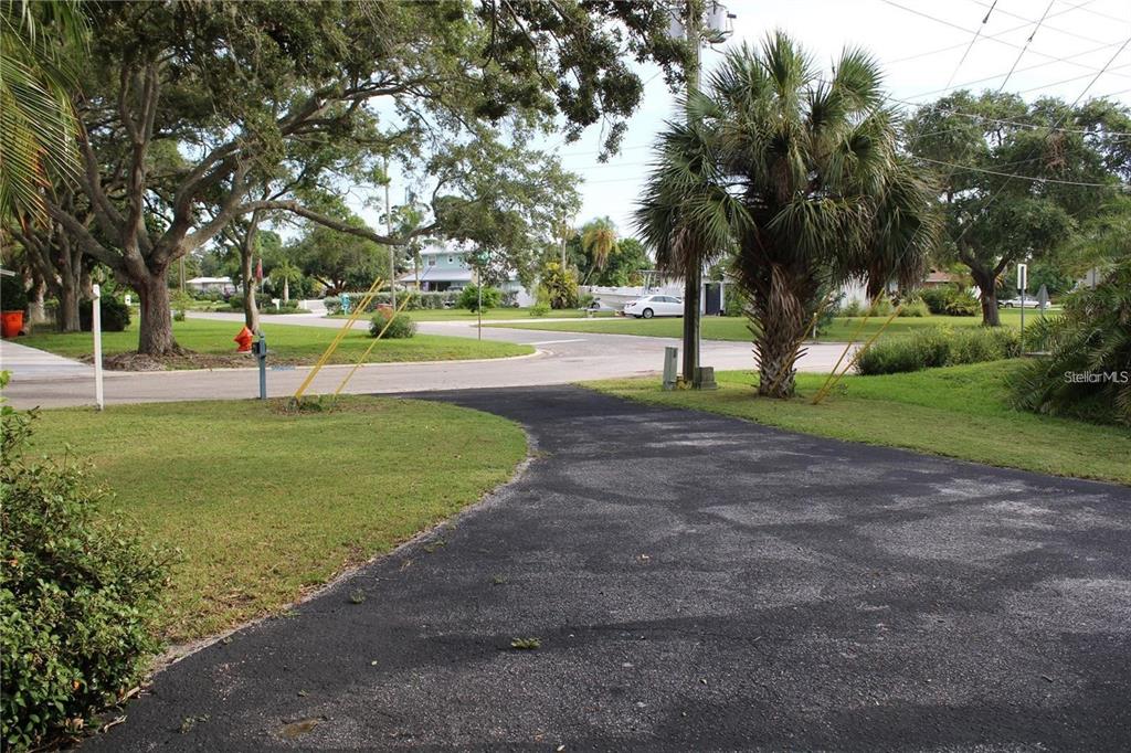 A paved driveway leads to a residential street lined with trees and a palm tree — 5828 OAKHURST DRIVE, SEMINOLE, FL