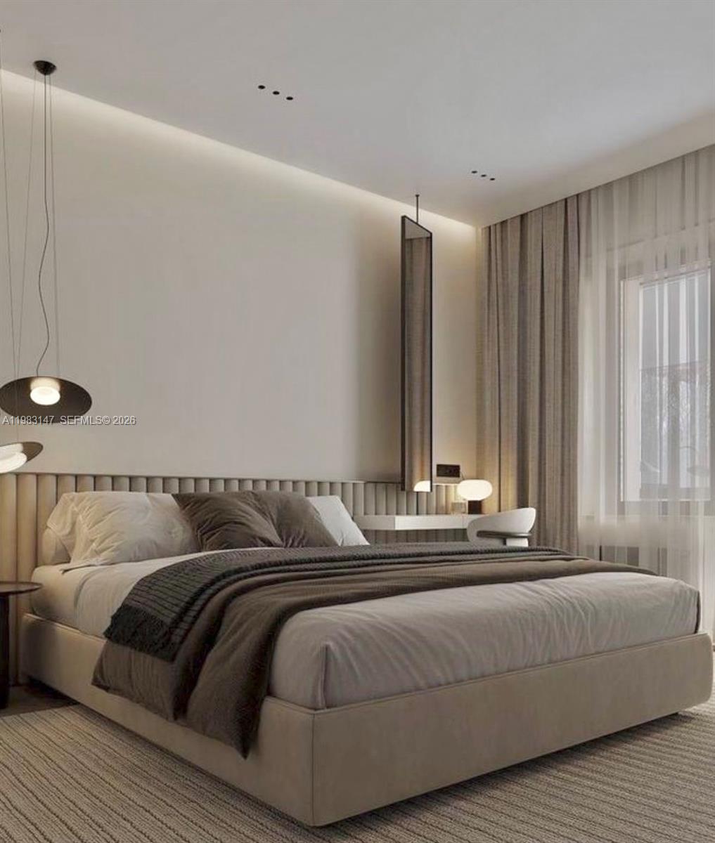 This is a rendering of a modern bedroom featuring a neutral color palette and upholstered headboard — 850 NW 18th Ave, Pompano Beach FL 33069, POMPANO BEACH, FL