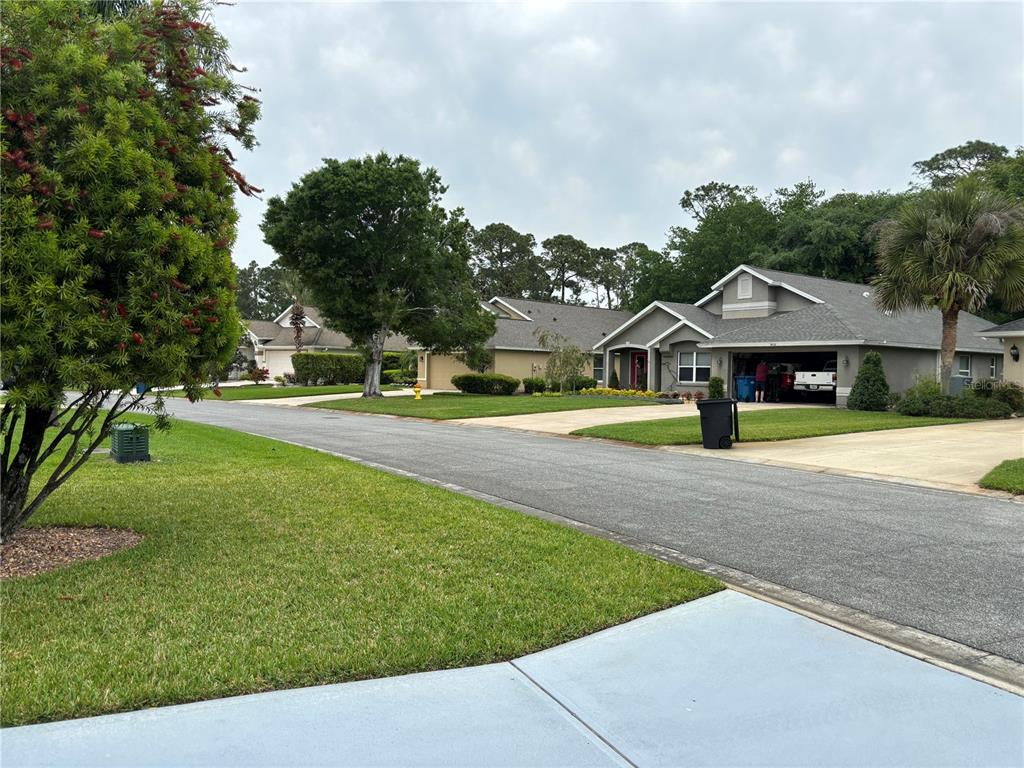 A suburban street view showing single-story houses with lawns, driveways, and mature trees — 908 WOODSTREAM LANE, ORMOND BEACH, FL