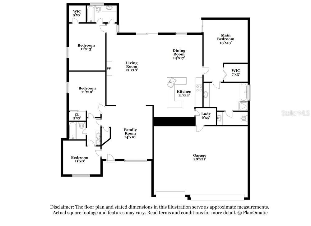 This is a floor plan showing a four-bedroom house with a garage and open living areas — 2304 GOLF MANOR BOULEVARD, VALRICO, FL