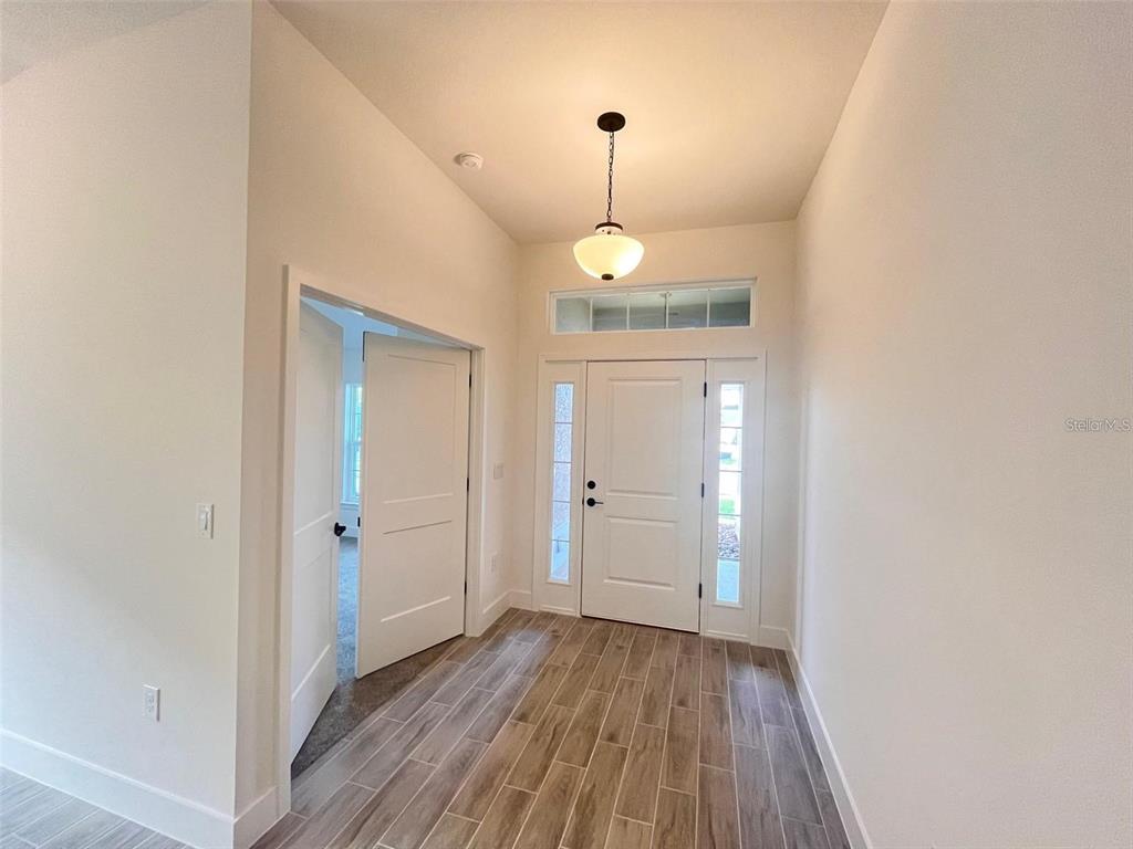 An entryway with wood-look tile flooring, a white front door, and a pendant light — 13022 KENT BRADELY STREET, DADE CITY, FL
