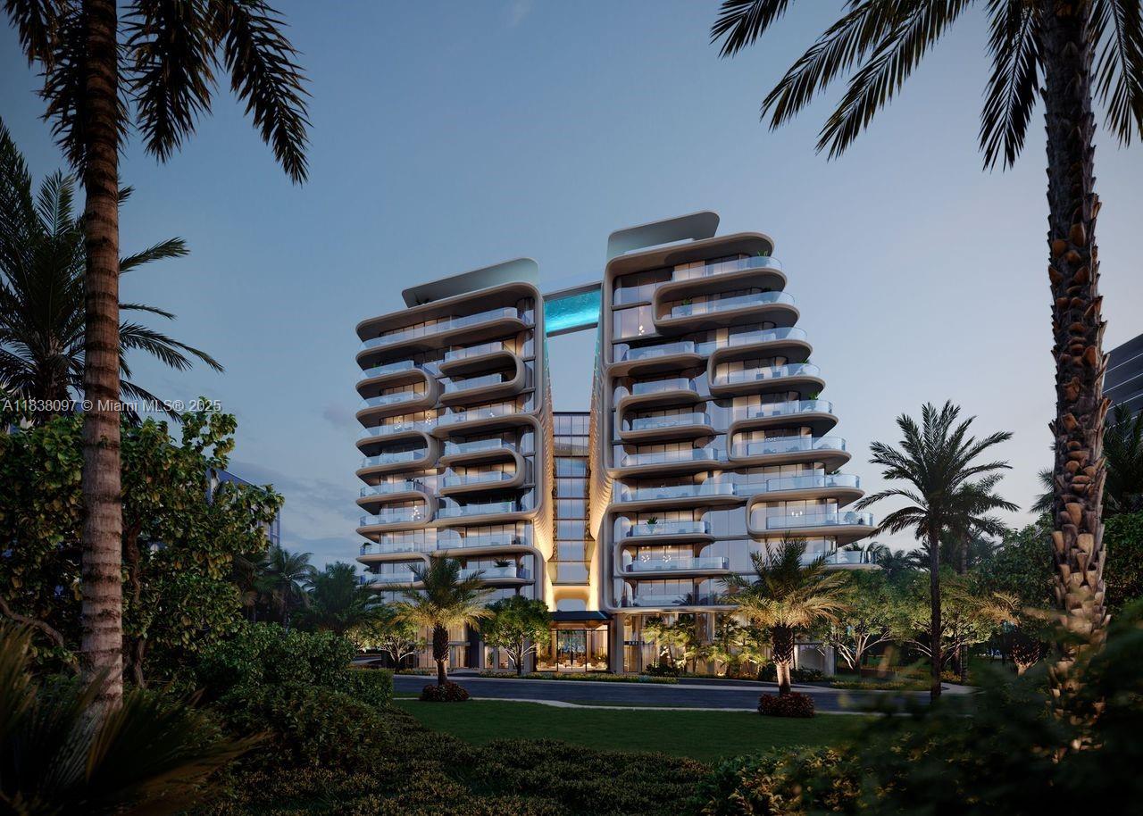 A rendering of a modern residential building featuring curved balconies and a connecting sky bridge — 8777 Collins Avenue # 604, Surfside FL 33154, SURFSIDE, FL