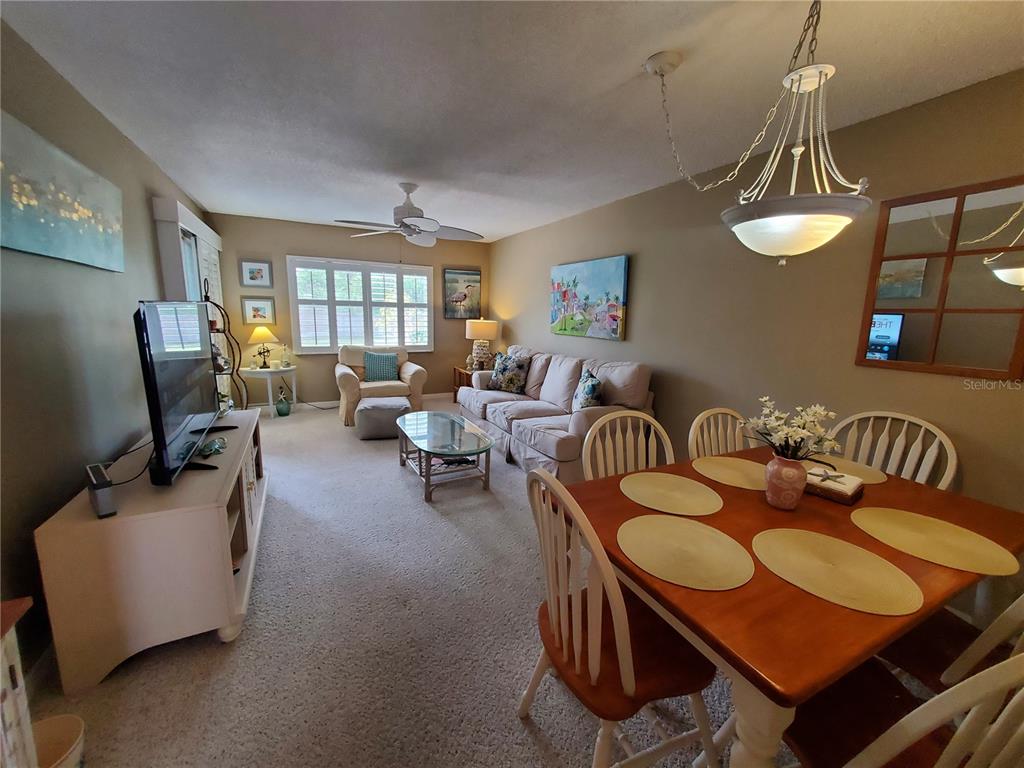 A living and dining area features beige walls, carpeted floors, and a wooden dining set — 1400 ARROWHEAD CIRCLE W, CLEARWATER, FL