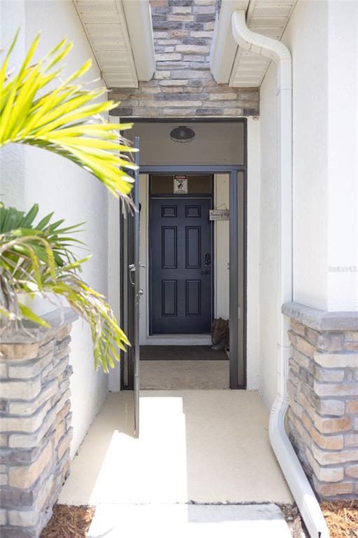 The entrance features a dark blue door framed by stone veneer and a white downspout — 3852 MOSSY LIMB COURT, PALMETTO, FL