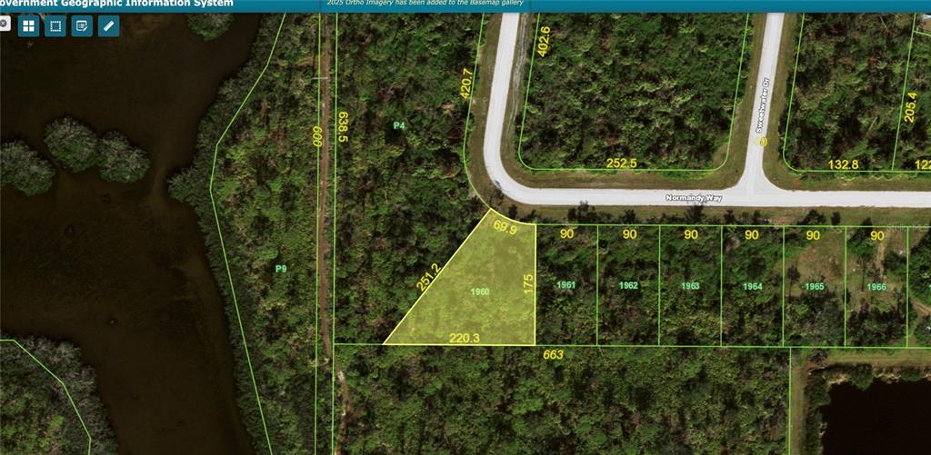 This is a map showing a highlighted parcel of land with property dimensions and lot numbers — 121 NORMANDY WAY, ROTONDA WEST, FL