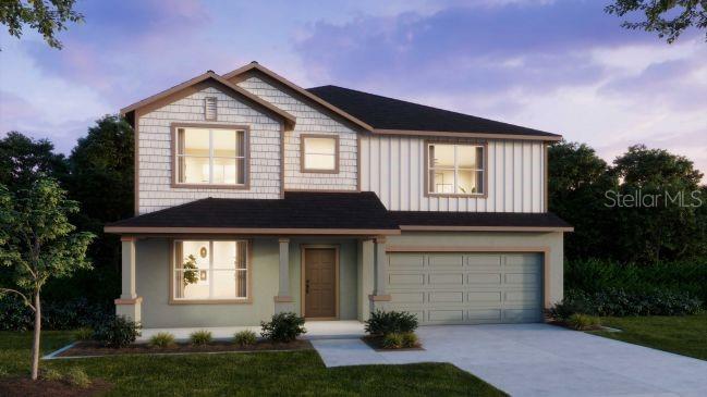 A digital rendering of a two-story suburban house with a two-car garage and light-colored siding — 16817 NW 176TH WAY, ALACHUA, FL