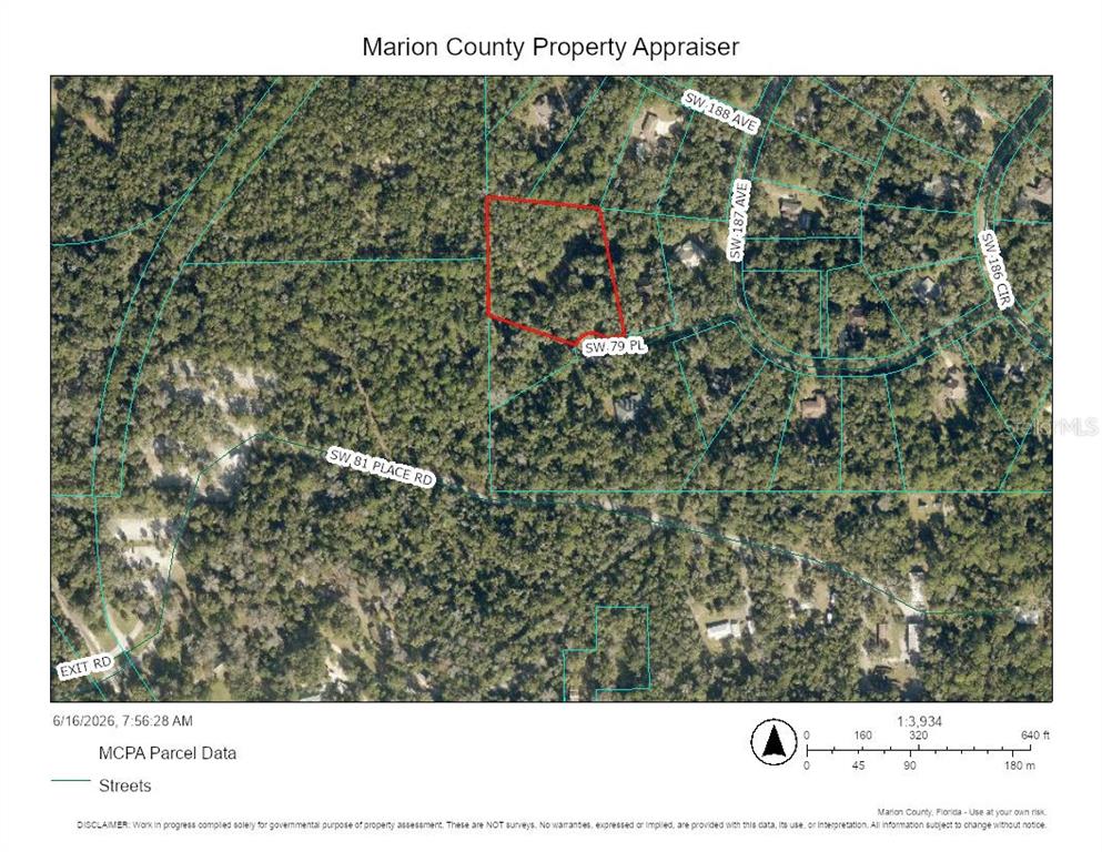 This is a satellite map showing a highlighted land parcel in a wooded area — 18731 SW 79TH PLACE, DUNNELLON, FL