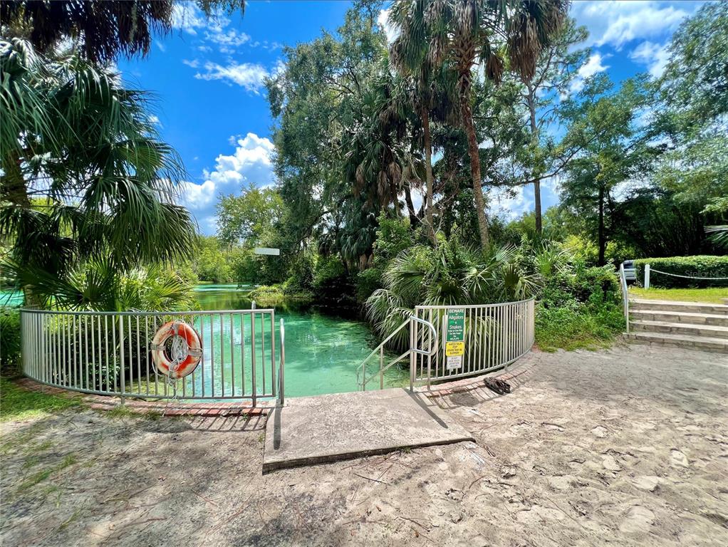 A metal railed entrance leads to a clear natural spring surrounded by lush green trees — 18731 SW 79TH PLACE, DUNNELLON, FL