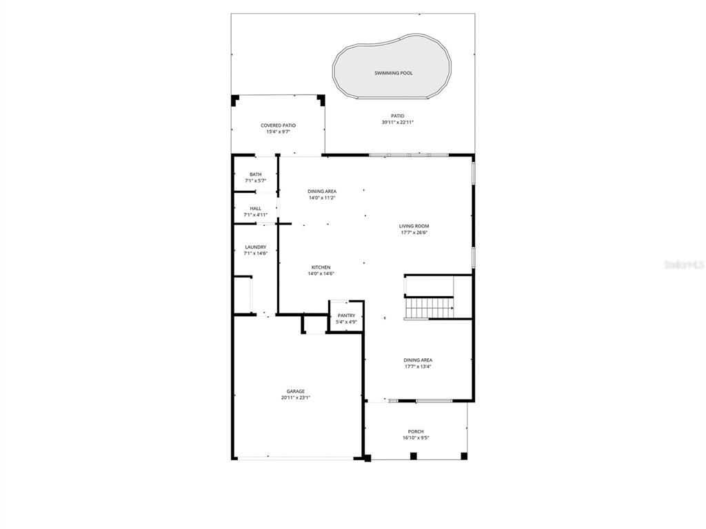This is a floor plan of a house featuring a garage, kitchen, living areas, and pool — 7405 70TH AVENUE N, PINELLAS PARK, FL