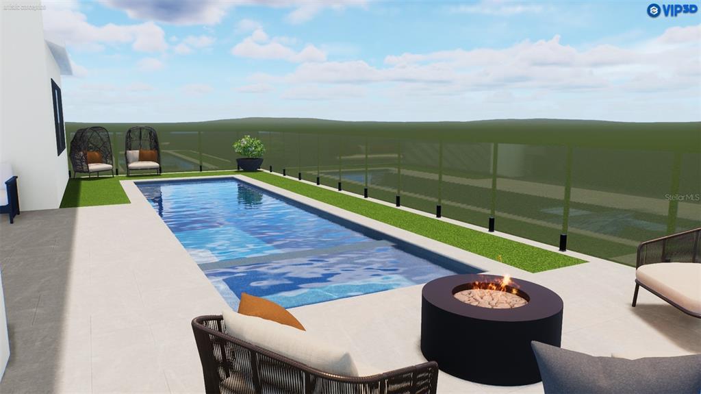 This rendering shows a patio with a rectangular swimming pool, fire pit, and outdoor furniture — 16606 BOLSENA DRIVE, MONTVERDE, FL