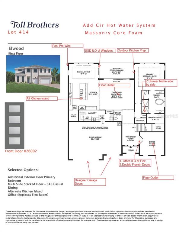 This floor plan rendering shows the first level of a house with a three-car garage — 16606 BOLSENA DRIVE, MONTVERDE, FL