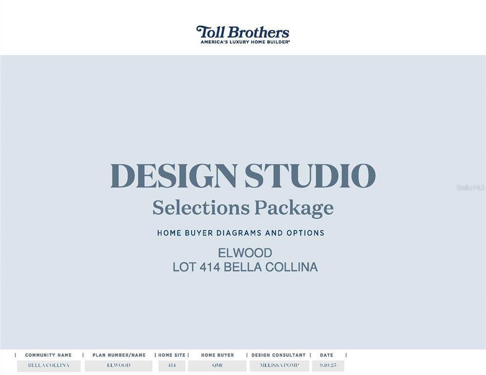 This is a cover page for a Toll Brothers design studio selections package document — 16606 BOLSENA DRIVE, MONTVERDE, FL