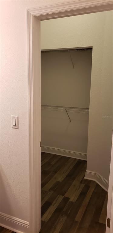 A view through a doorway into a walk-in closet with wood-look flooring and shelving — 21032 PICASSO COURT UNIT 205, LAND O LAKES, FL