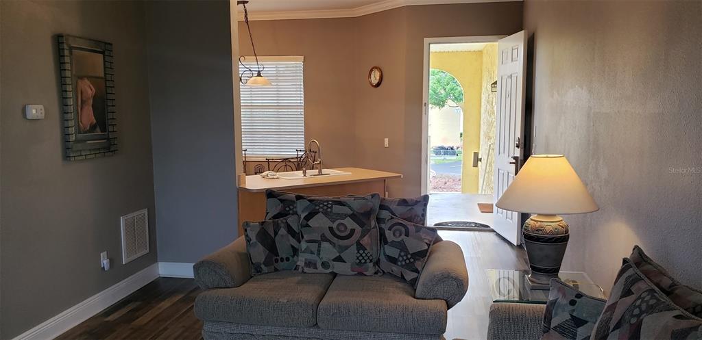 A living room with a sofa and lamp looks toward a kitchen and open doorway — 21032 PICASSO COURT UNIT 205, LAND O LAKES, FL