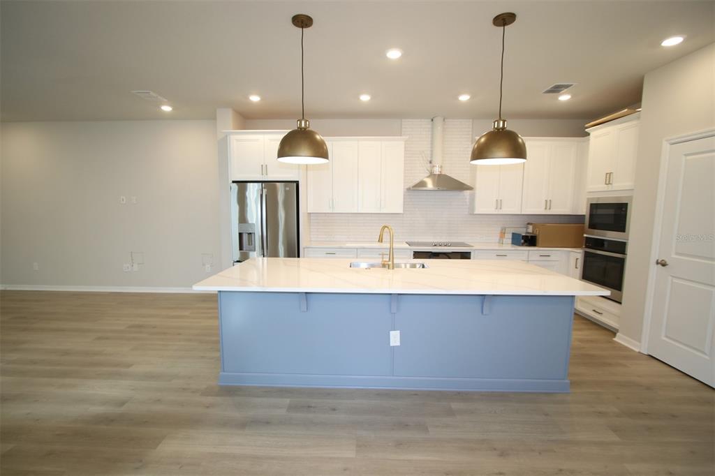 A kitchen features a blue island, white cabinets, stainless steel appliances, and light wood flooring — 9434 HARTLINE WAY, ORLANDO, FL