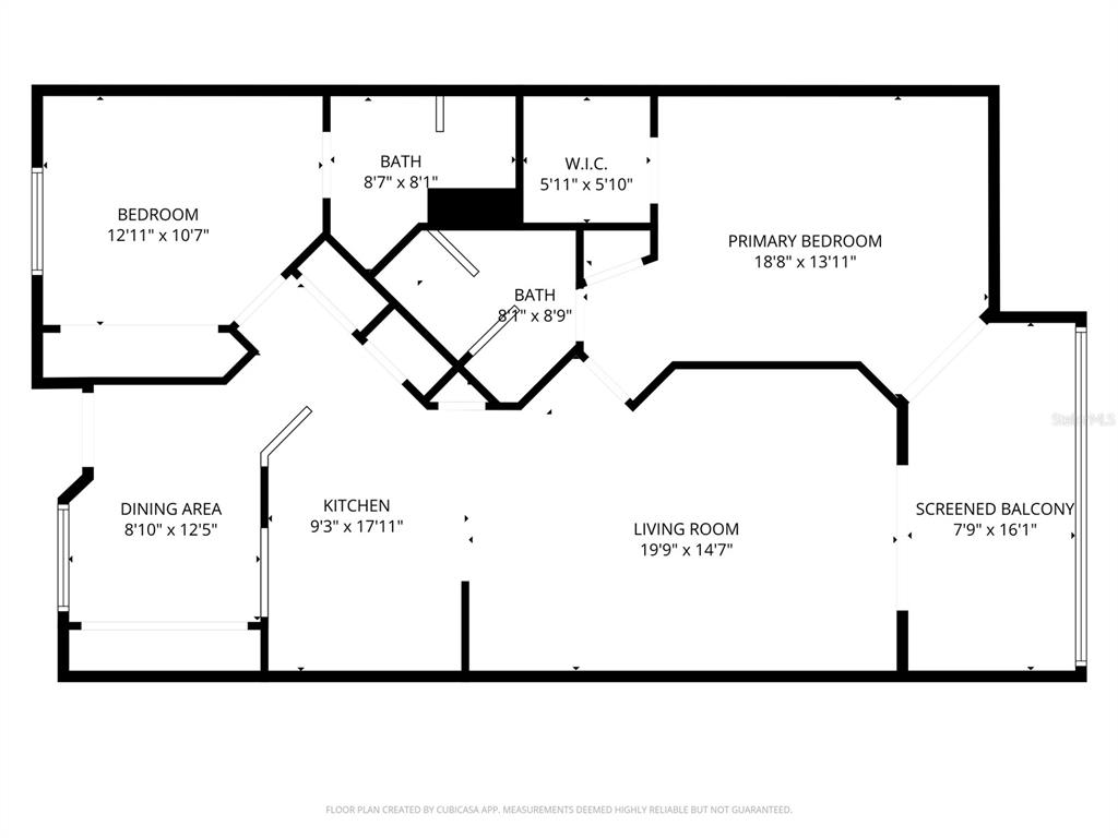 This is a floor plan for a two-bedroom apartment with a kitchen, living room, and balcony — 1401 S MCCALL ROAD UNIT 104B, ENGLEWOOD, FL