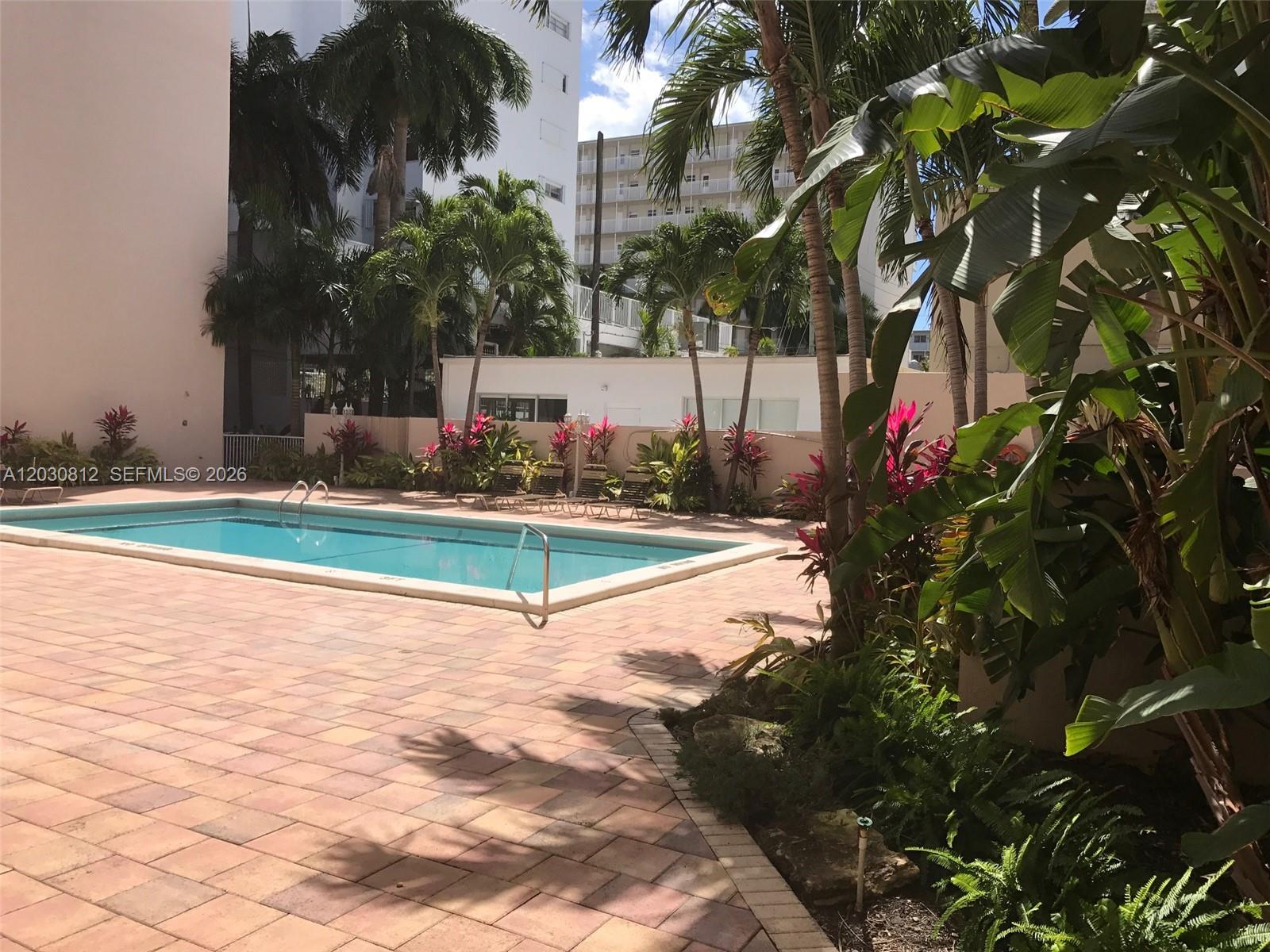 An outdoor swimming pool is surrounded by a paved deck, palm trees, and tropical plants — 1665 Bay Rd # 416, Miami Beach FL 33139, MIAMI BEACH, FL