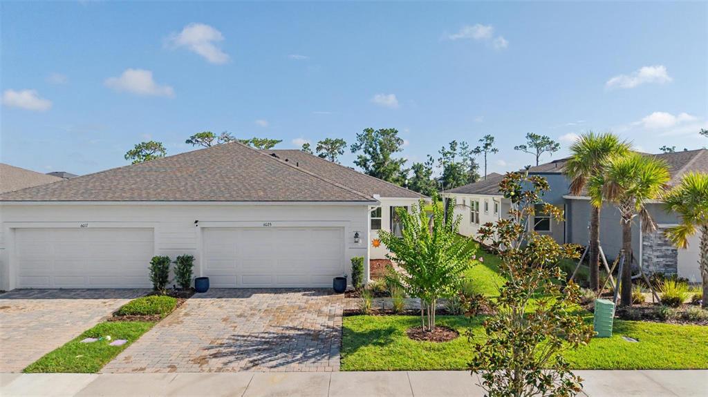 A white duplex home with two garage doors and a paved driveway under a blue sky — 6025 TIMBERDALE AVENUE, WESLEY CHAPEL, FL