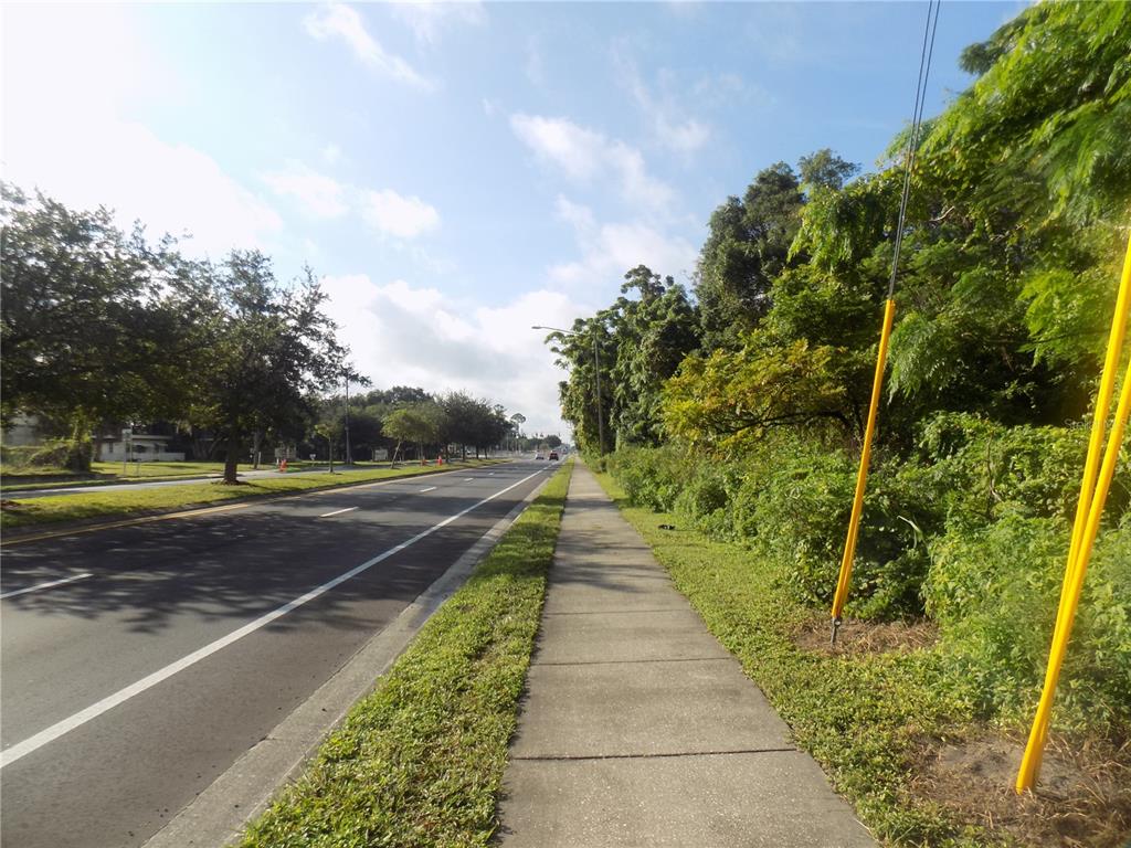 A sidewalk runs alongside a paved road bordered by trees and grassy areas — 2210 N GOLDENROD ROAD, ORLANDO, FL