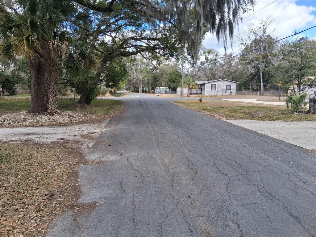 A paved residential street leads toward a small house surrounded by trees and Spanish moss — 9170 DAN LYNN STREET, BROOKSVILLE, FL