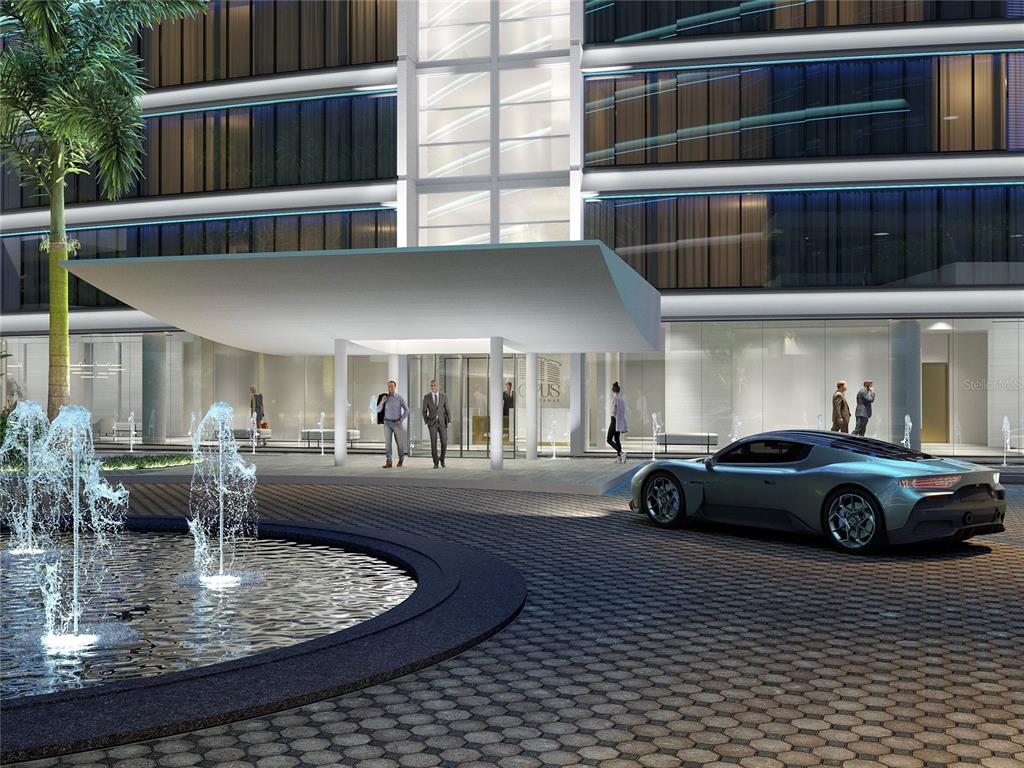 This architectural rendering shows a modern building entrance with a fountain and a sports car — 611 BALDORIOTY DE CASTRO BOULEVARD UNIT 204, SAN JUAN, PR