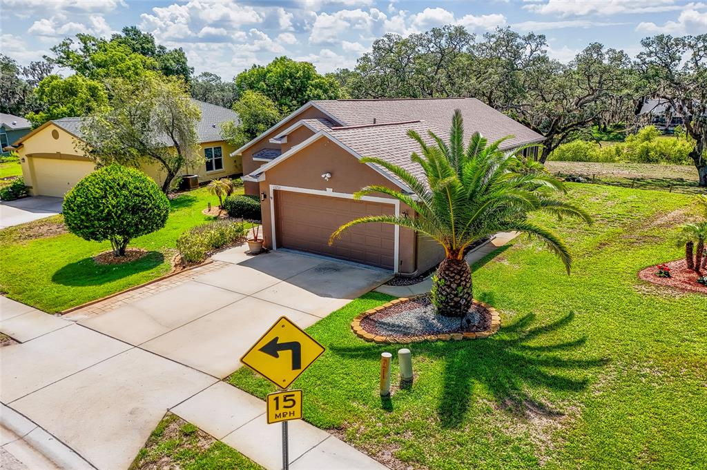 An aerial view shows a brown house with a two-car garage and a palm tree — 13253 GOLF RIDGE PLACE, HUDSON, FL