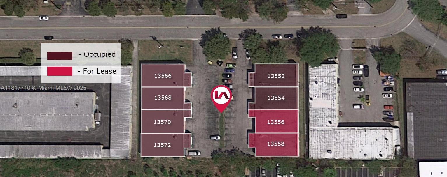This is an aerial map showing the occupancy status of several commercial building units — 13552 SW 129th St, Miami FL 33186, MIAMI, FL
