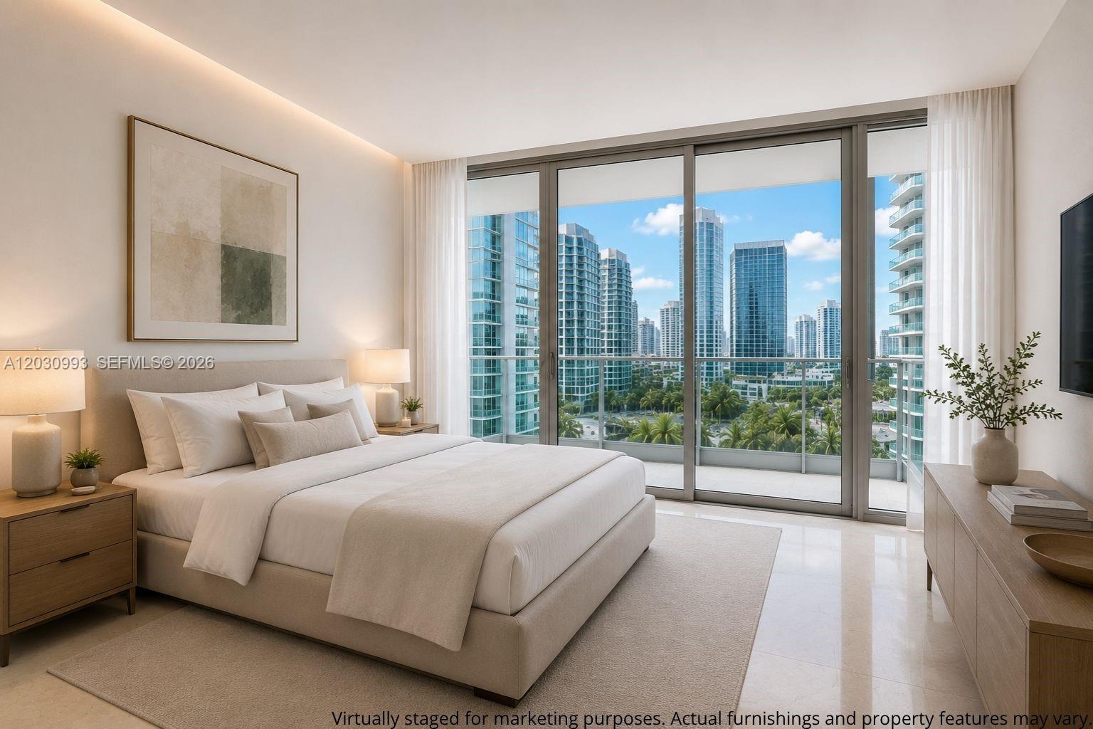 A modern bedroom features a bed, light wood furniture, and floor-to-ceiling windows overlooking city skyscrapers — 1331 BRICKELL BAY DR # 1004, Miami FL 33131, MIAMI, FL